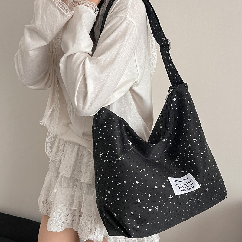 韩系简约满天星帆布包女大容量单肩斜挎hobo包慵懒风通勤托特布包