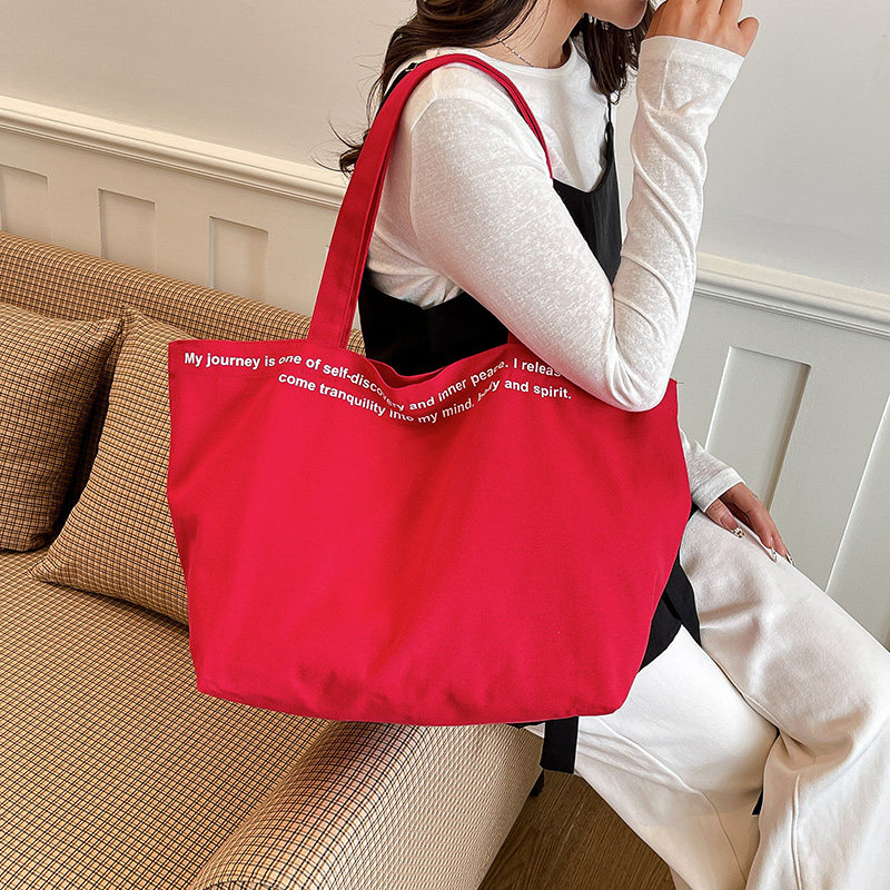 韩版字母手提托特包女红色大容量百搭帆布包慵懒风轻便单肩布包