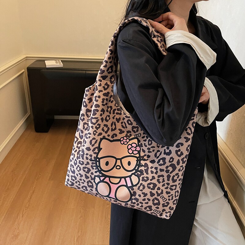 豹纹帆布包HelloKitty美式复古单肩包2025新款大容量购物袋腋下包