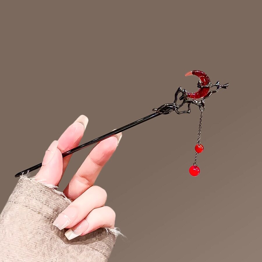 红色月亮流苏发簪女生新款小众设计感盘发簪子后脑勺简约个性发钗