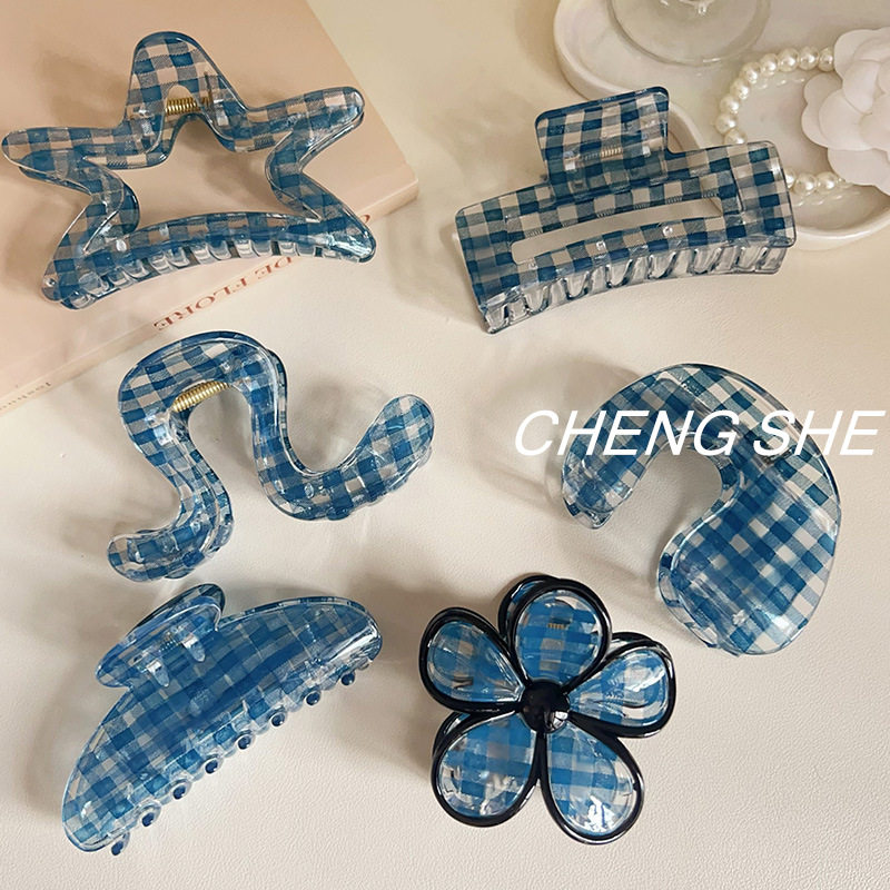 中古感蓝韩版新款百搭格纹亚克力抓夹女发抓后脑勺盘发夹子鲨鱼夹