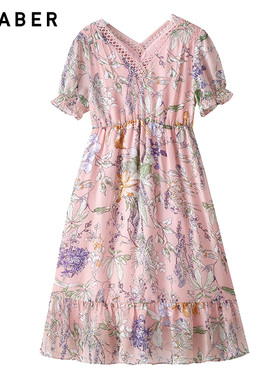 chaber/巧帛夏季蕾丝V领印花收腰中长款雪纺修身连衣裙女102728