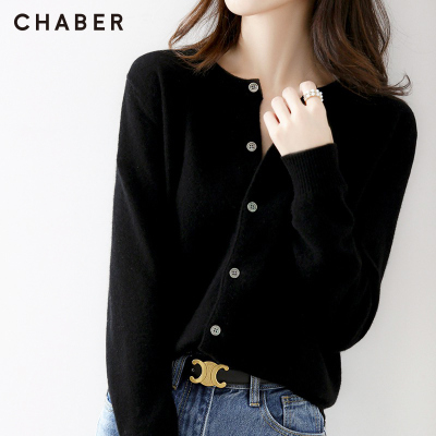 通勤风黑色针织开衫女2025新款纽扣圆领百搭毛衣外套