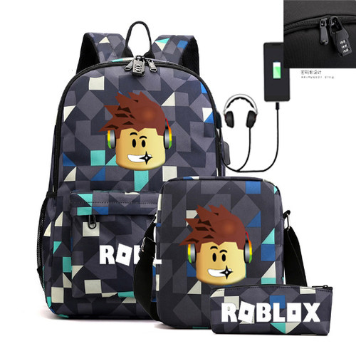 跨境roblox游戏周边USB充电男女双肩包单肩笔袋三件套中学生书包