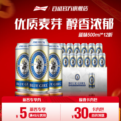 百威蓝妹啤酒500ml*12听整箱装
