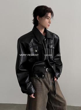 VERY FEWEST 小众廓形设计感皮夹克中性设计感垫肩短款pu皮衣外套