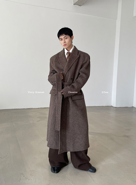 VERY FEWEST 复古老钱斜纹理双排扣系带羊毛混纺手工双面呢大衣