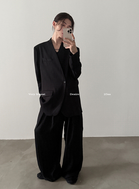 VERY FEWEST 软糯纯棉V领垫肩廓形西装外套高级松弛感西服套装