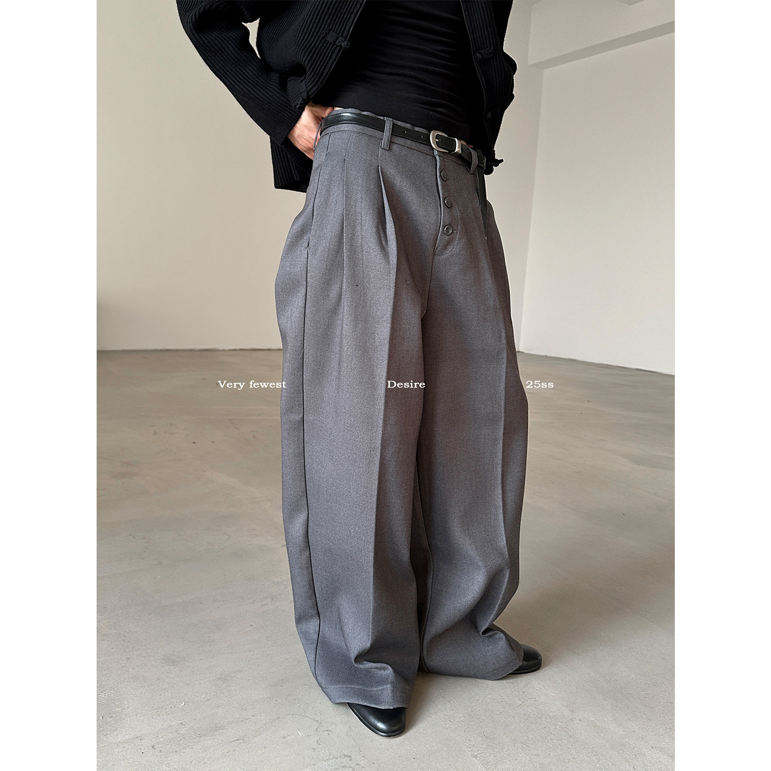 小众时髦纽扣门襟阔腿西装长裤