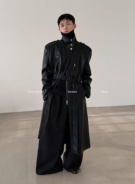 VERY FEWEST 都市摩登解构廓形PU皮大衣中性风高领系带风衣外套