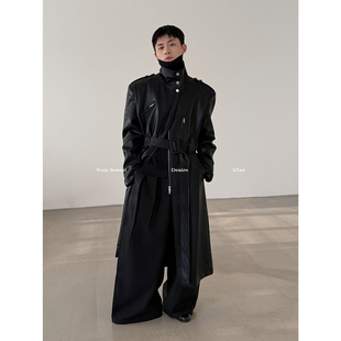 VERY 都市摩登解构廓形PU皮大衣中性风高领系带风衣外套 FEWEST