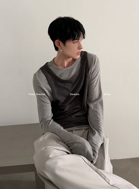 VERY FEWEST 松弛配方 懒人叠穿假两件长袖T恤时髦设计感撞色上衣