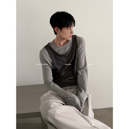 懒人叠穿假两件长袖T恤撞色上衣