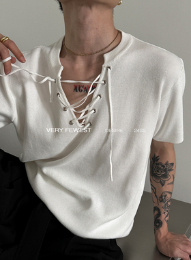 VERY FEWEST 纯欲深V抽绳领口短袖针织衫夏季短款正肩百搭上衣T恤