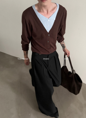 VERY FEWEST 氛围感V领假两件长袖针织衫中性慵懒风短款套头毛衣