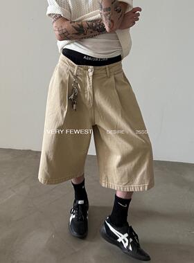 VERY FEWEST 解构褶皱廓形七分裤中性设计感卡其色过膝阔腿短裤