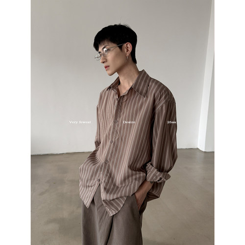 美式老钱撞色条纹廓形长袖衬衫