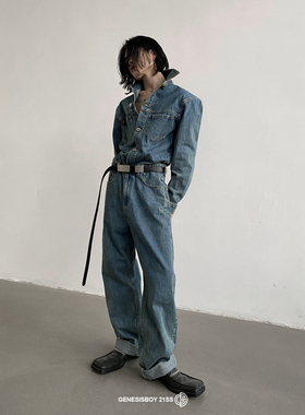 GENESISBOY[12/12AM00:00]小众设计高级感垫肩长袖牛仔连体裤男女