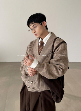 VERY FEWEST 复古通勤双排扣V领针织衫冬季时髦百搭老钱开衫毛衣