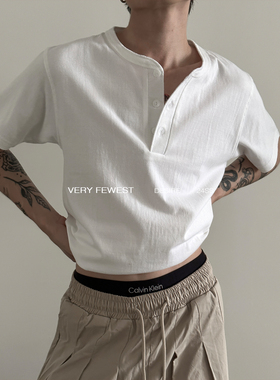 VERY FEWEST 美式重磅基础纯棉短袖T恤夏季纽扣套头正肩纯色上衣
