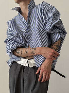 VERY FEWEST 春日蓝色条纹衬衫设计感休闲慵懒超廓形短款长袖衬衣