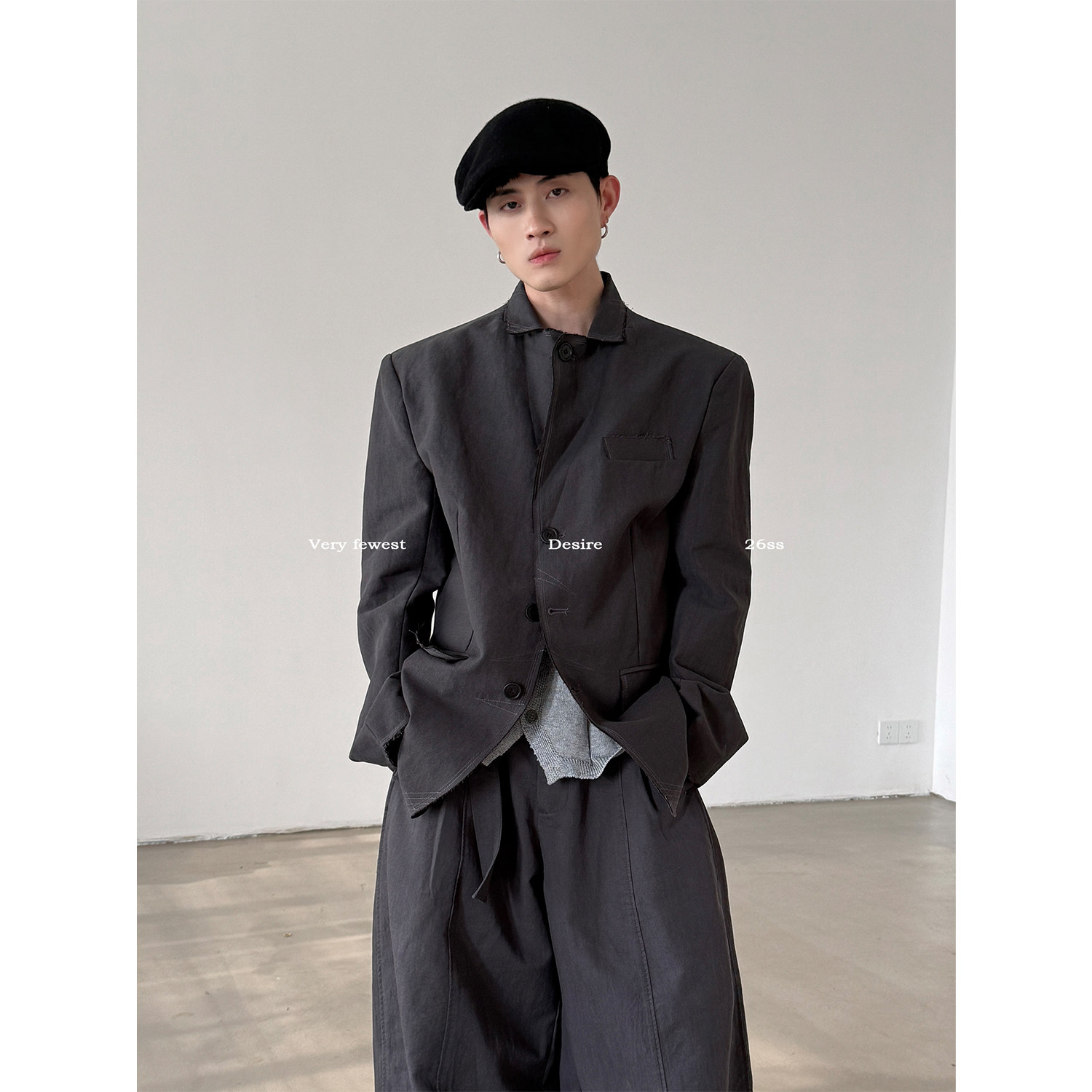 VERY FEWEST 复古做旧天丝亚麻廓形西装外套春季松弛感磨边西服