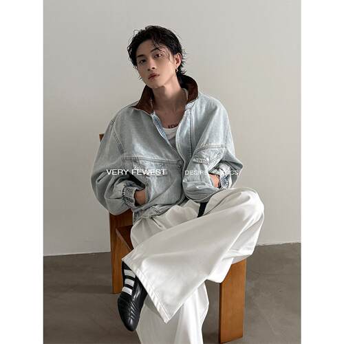 翻领秋冬廓形撞色设计牛仔衣夹克