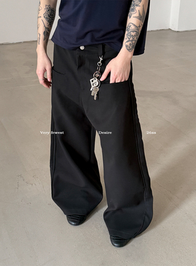 VERY FEWEST 重磅前插口袋阔腿休闲西裤黑色宽松显瘦直筒拖地裤