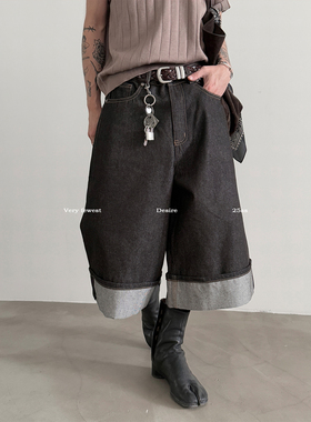 VERY FEWEST cleanfit原色水洗翻边阔腿七分裤中性设计感牛仔短裤