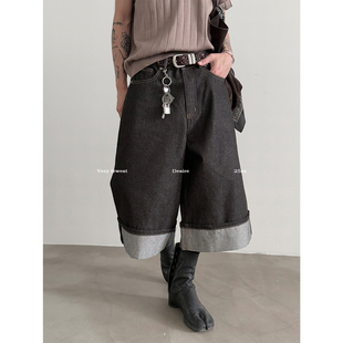 中性设计感牛仔短裤 cleanfit原色水洗翻边阔腿七分裤 FEWEST VERY