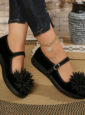 老北京布鞋女平底黑色一字带舒适软底鞋工作鞋酒店鞋舞蹈鞋妈妈鞋