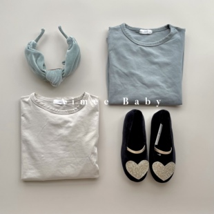 现货韩国童装soye纯色T恤 男女童舒适弹力长袖打底衫韩系蓝色内搭