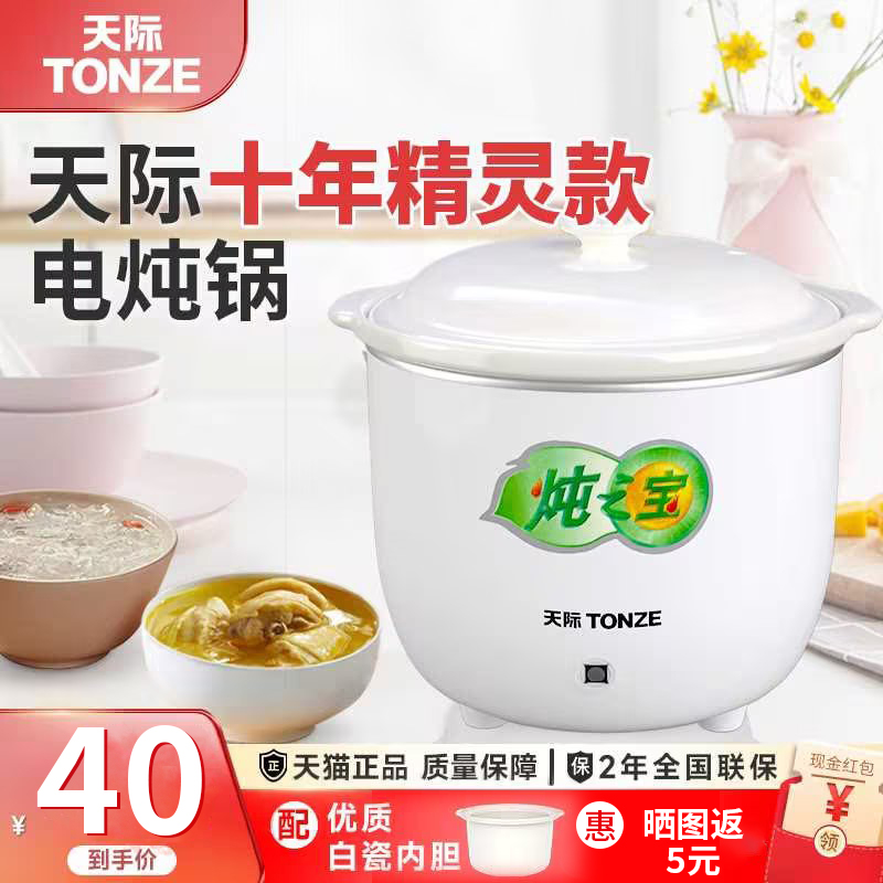 天际迷你小炖锅电炖盅家用陶瓷内胆小型煮粥砂锅炖一人食婴儿炖盅