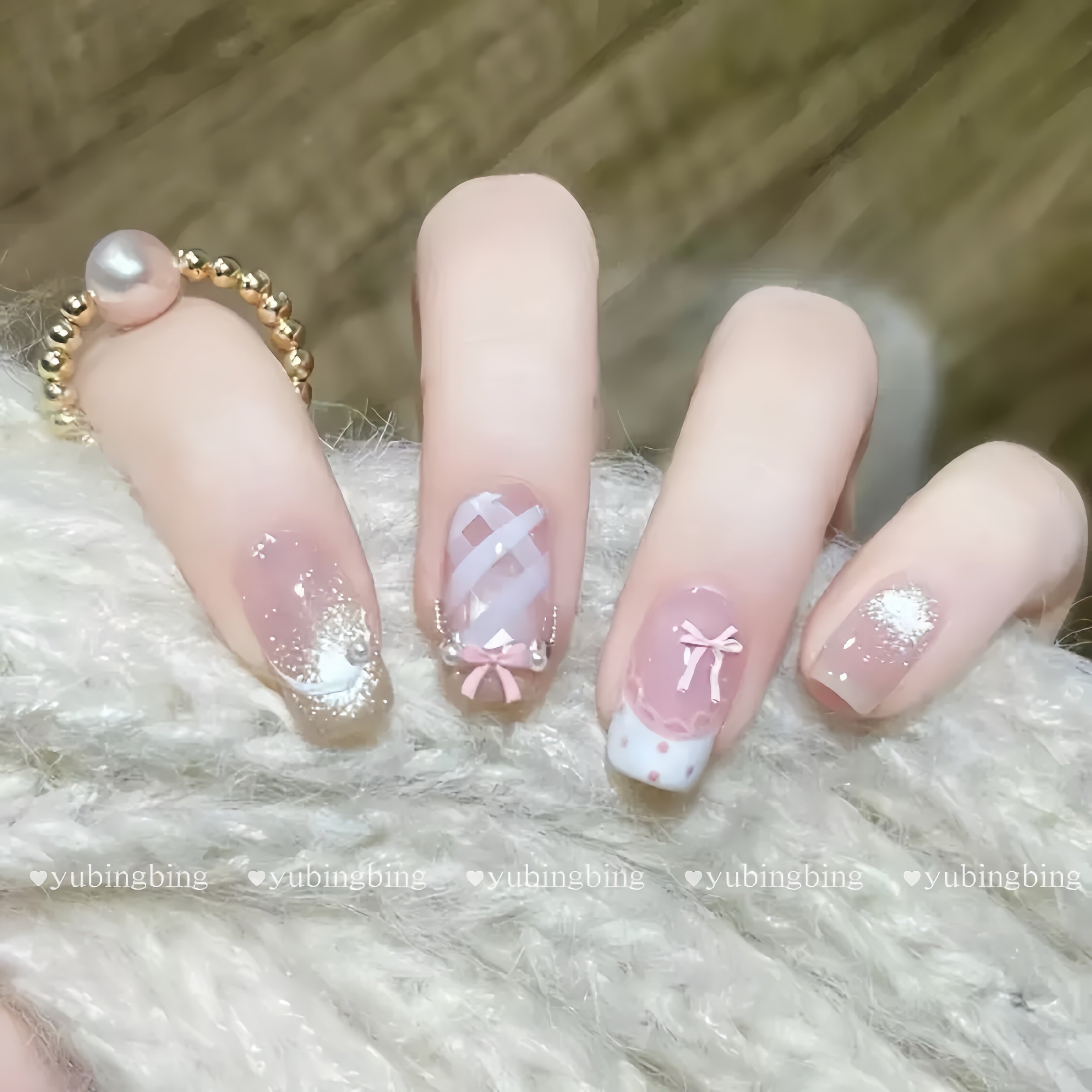 【奶油莉莉安】法式芭蕾风猫眼蝴蝶结美甲纯欲显白手工穿戴甲短款