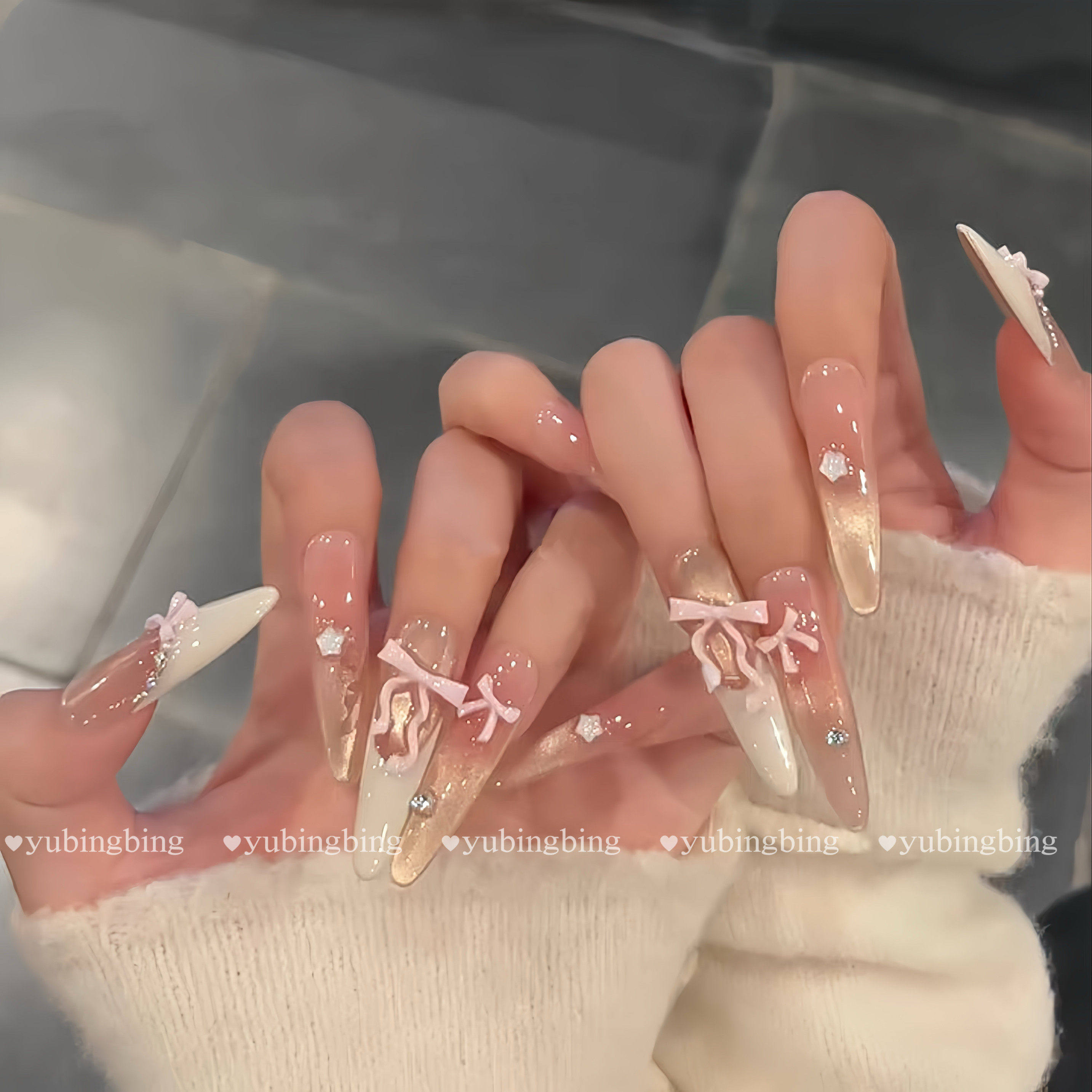 【甜梦爱丽丝】梦幻少女风蝴蝶结渐变猫眼美甲长款显白手工穿戴甲,彩妆/香水/美妆工具,穿戴甲/甲片,淘宝优惠券,粉丝福利购,淘宝优惠卷