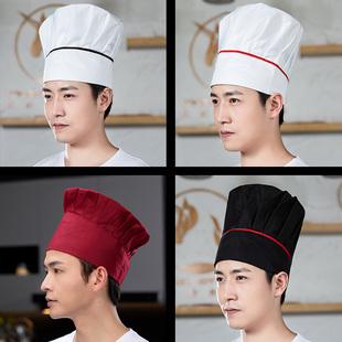 涤棉厨师白色高帽酒店饭店厨师工作松紧调节条纹帽小吃店帽子定制
