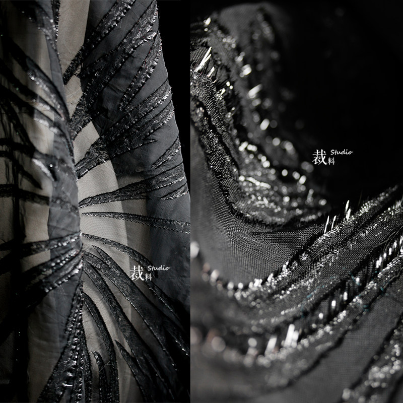 黑鸢尾 原创黑色透视立体提花绣花面料改造婚庆礼服装设计师布料