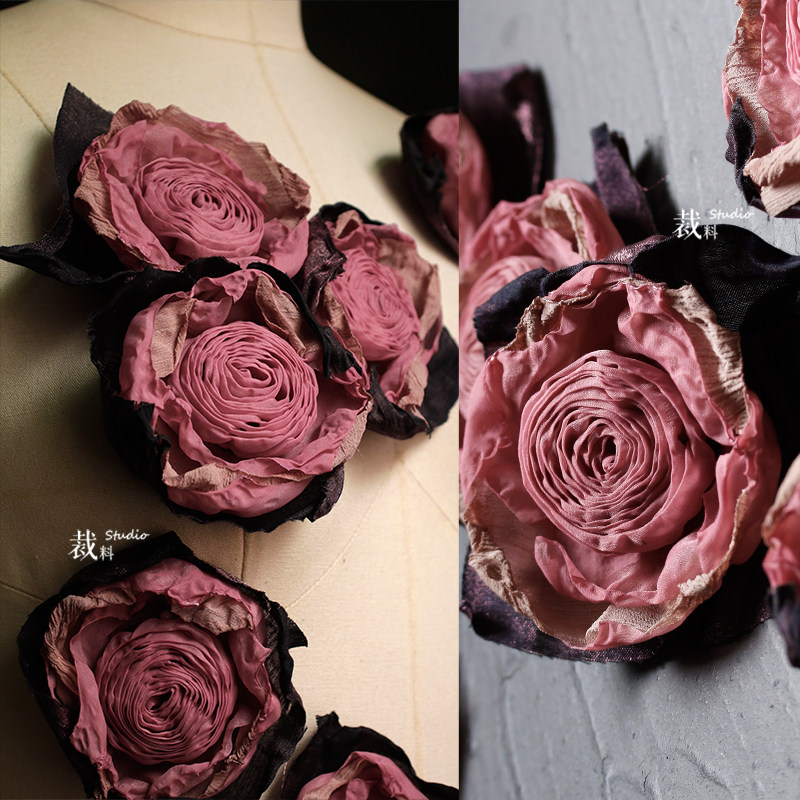 黑粉玫瑰 纯手工立体纱复古花朵礼服装头饰装饰diy手作胸花辅料