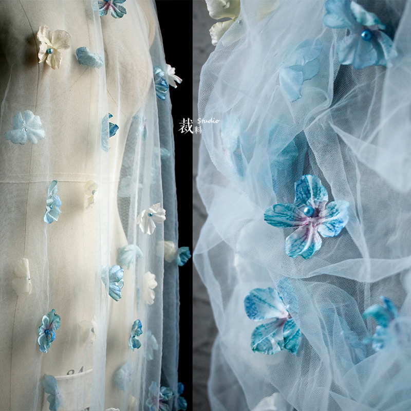 仙气立体花朵钉珠网纱面料礼服
