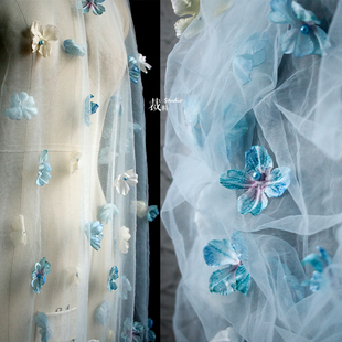 落笔生花 蓝仙女花朵钉珠网纱面料婚庆背景装饰礼服装设计师布料