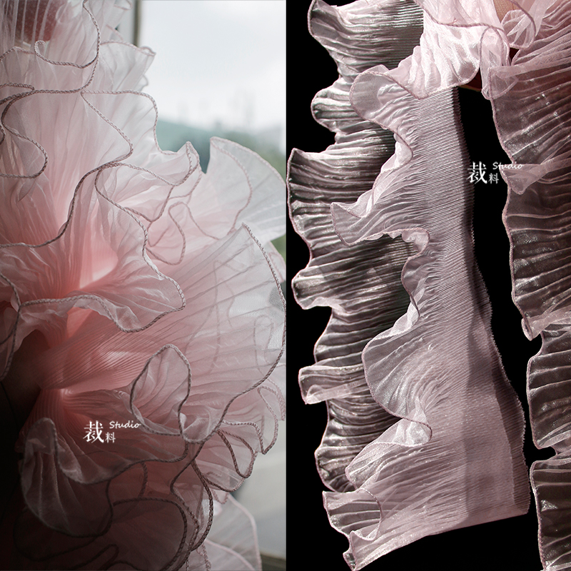 粉色人鱼透明荷叶边 原创立体褶皱大花边欧根纱布料装饰面料辅料