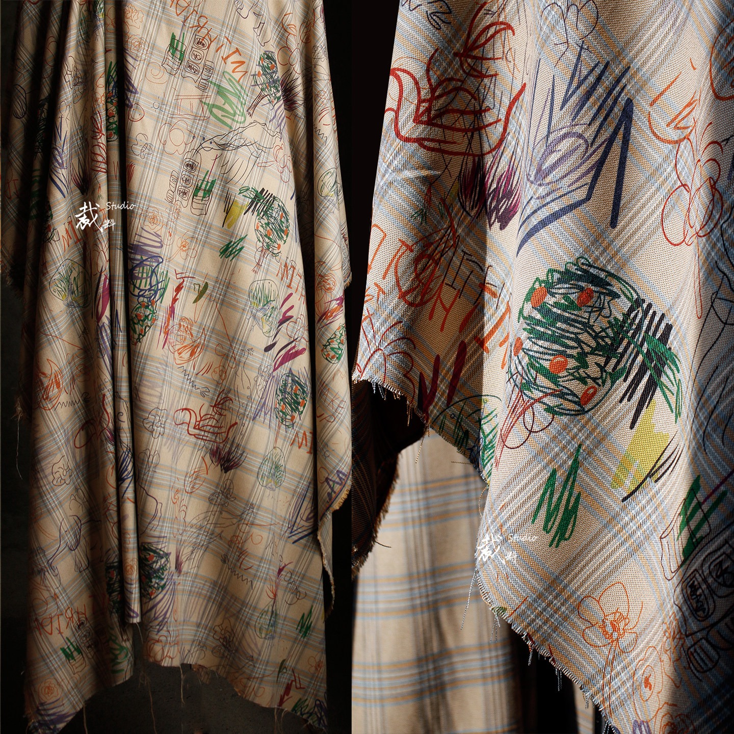 街头涂鸦衬衣创意复古格子布料