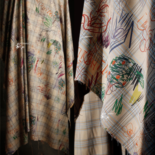 街头即兴涂鸦衬衣布料原创意苏格兰嬉皮风复古格纹服装 设计师面料