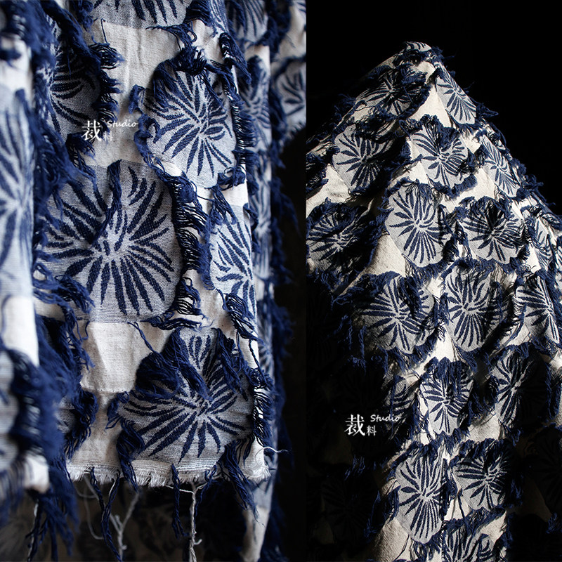 烟墨 蓝森系流苏花朵肌理纯棉麻新中式裙服装设计师面料改造布料