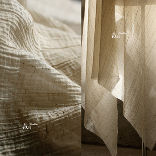 薄麻纱 米杏微透棉麻颗粒肌理面料复古国风新中式汉服装设师布料