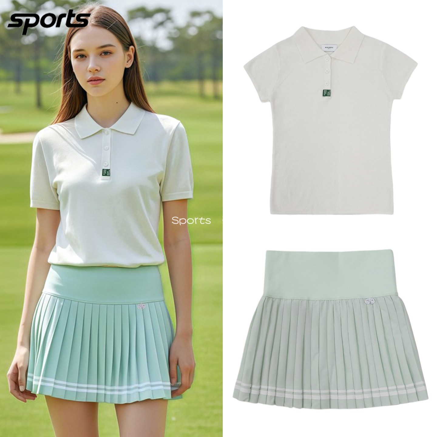 韩国代购monbirdie高尔夫26年夏清新短袖POLO衫百褶裙运动女套装