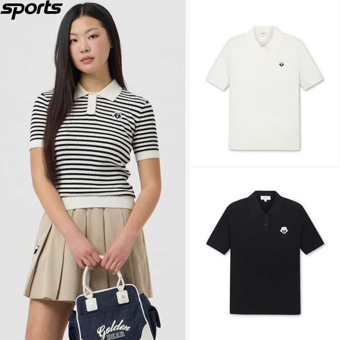韩国代购GOLDEN BEAR高尔夫球服25春女GOLF标志翻领针织短袖T恤