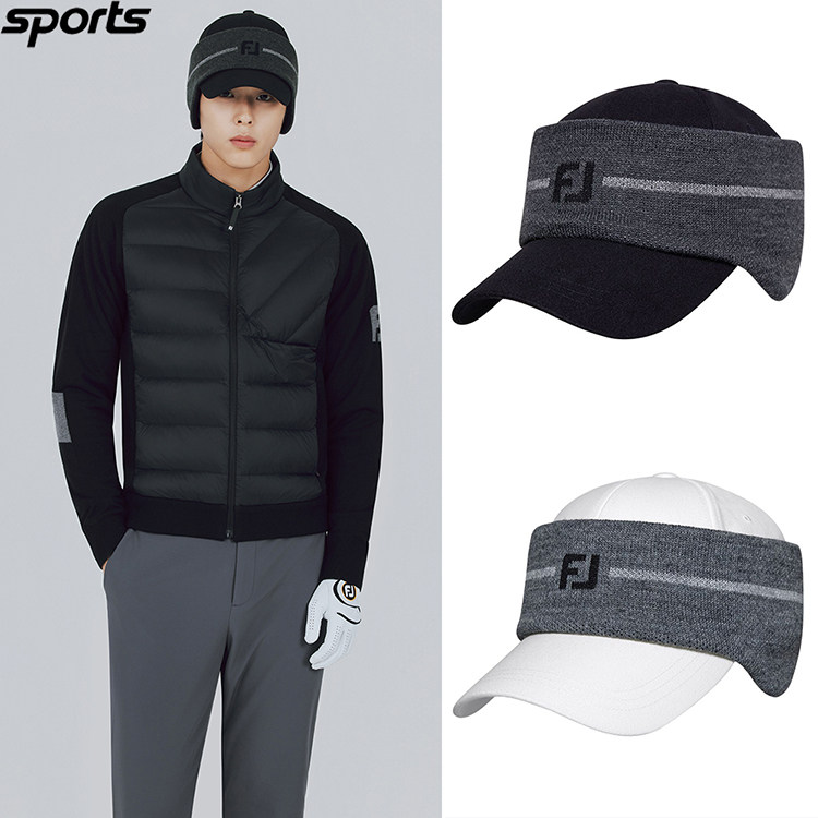 韩国代购FJ高尔夫配饰25冬保暖抗寒运动户外男二合一球帽耳罩套装