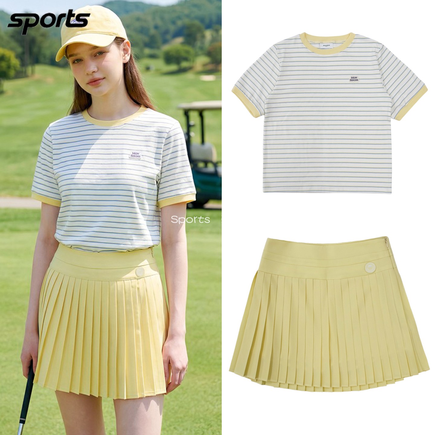 韩国代购monbirdie高尔夫26夏条纹短袖百褶裙短裙运动户外女套装