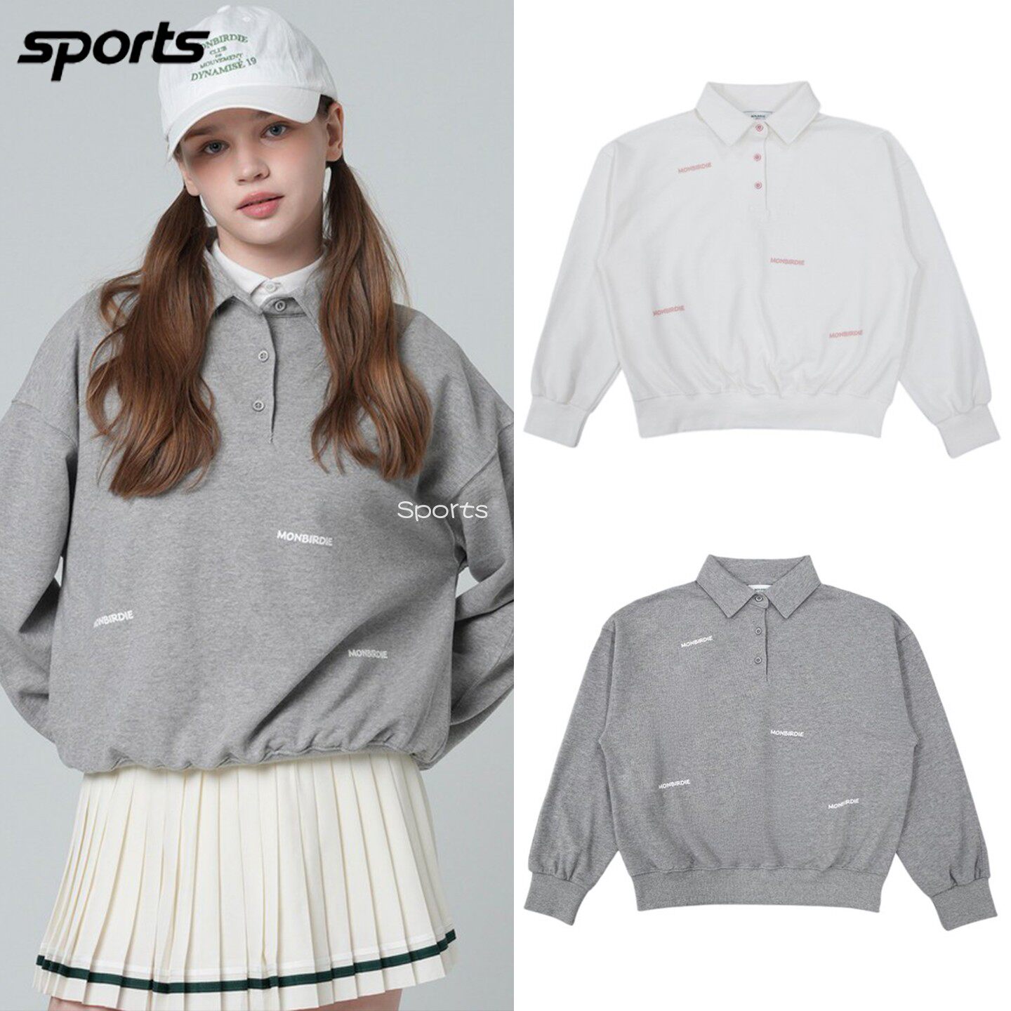 韩国代购monbirdie高尔夫26年春夏少女风宽松翻领运动长袖卫衣女